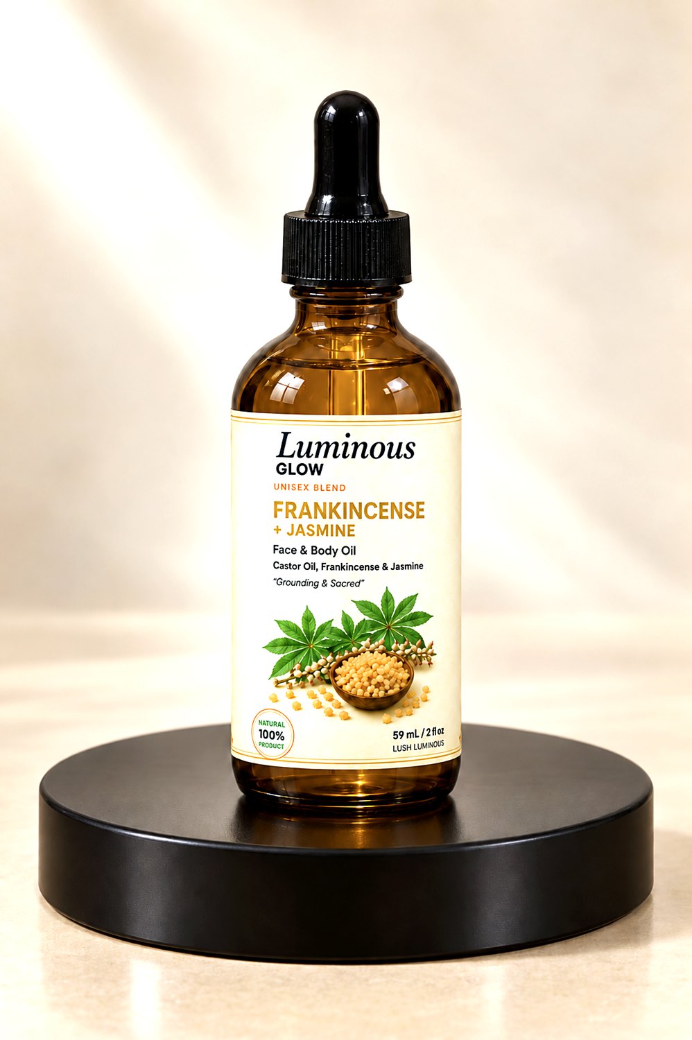 Luminous Glow Frankincense and Jasmine face and body oil in a 2 oz amber glass dropper bottle