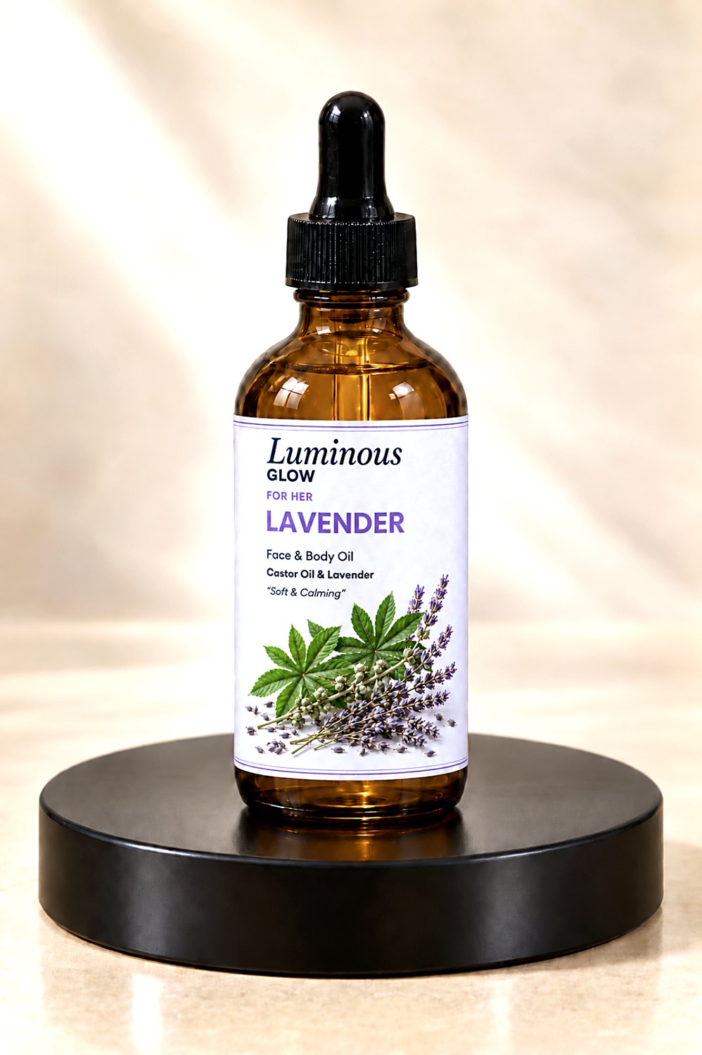 Luminous Glow Lavender face and body oil in amber glass