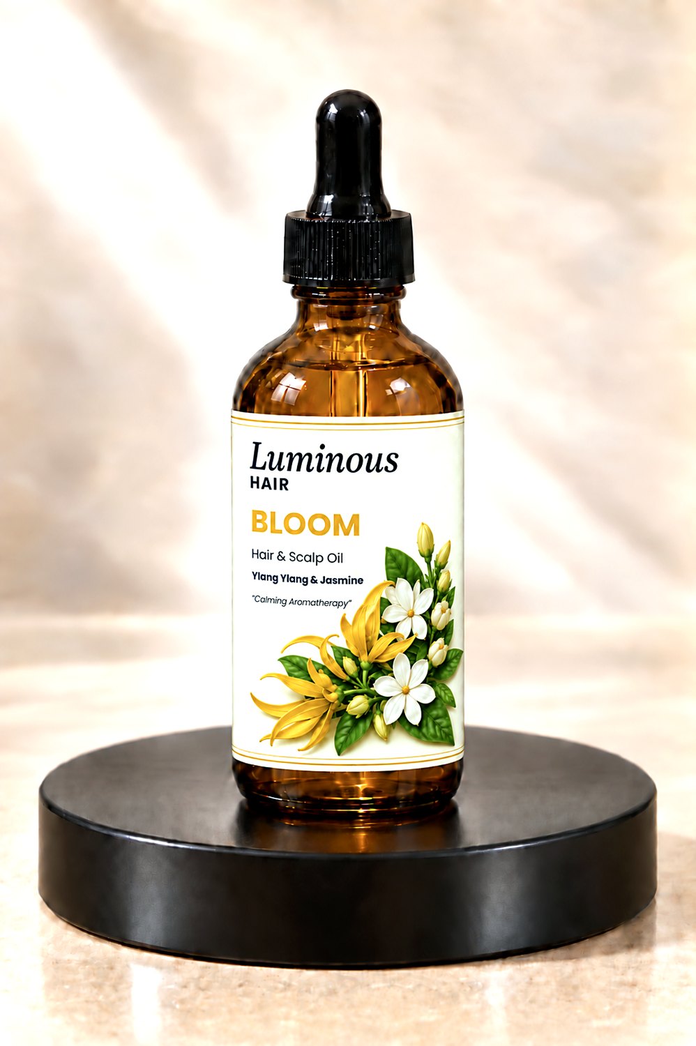 Luminous Hair Bloom with ylang ylang and jasmine, in a 2 oz amber dropper bottle