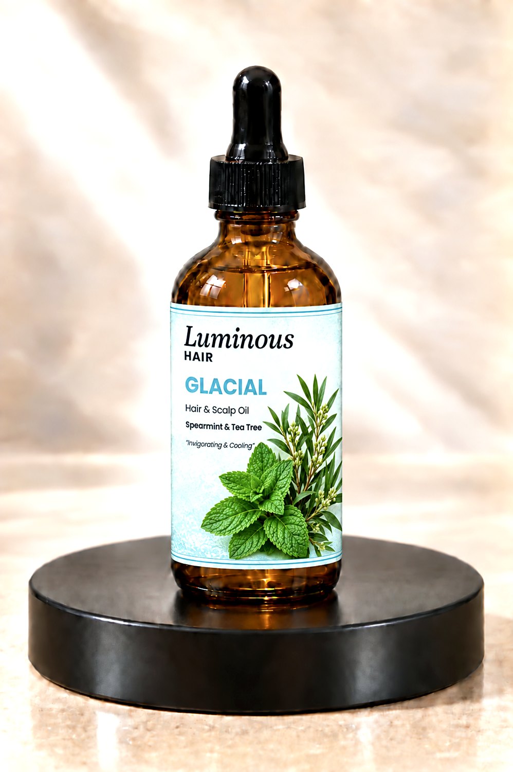 Luminous Hair Glacial with spearmint and tea tree, in amber glass